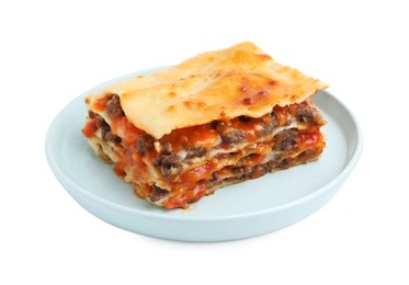 Photo of Delicious cooked lasagna isolated on white. Italian cuisine