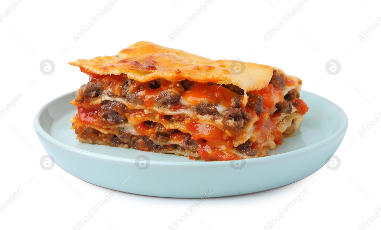 Photo of Delicious cooked lasagna isolated on white. Italian cuisine