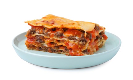 Photo of Delicious cooked lasagna isolated on white. Italian cuisine