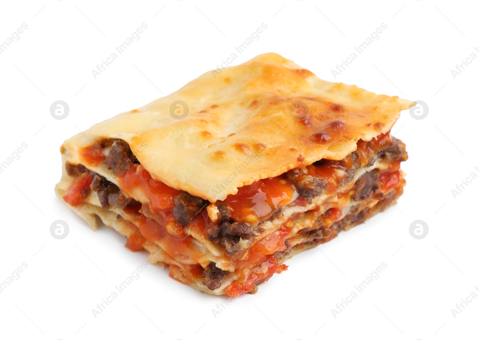 Photo of Delicious cooked lasagna isolated on white. Italian cuisine