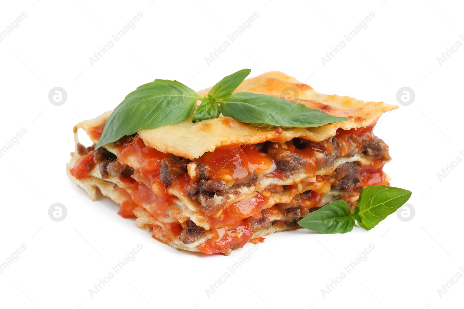 Photo of Delicious cooked lasagna with basil isolated on white