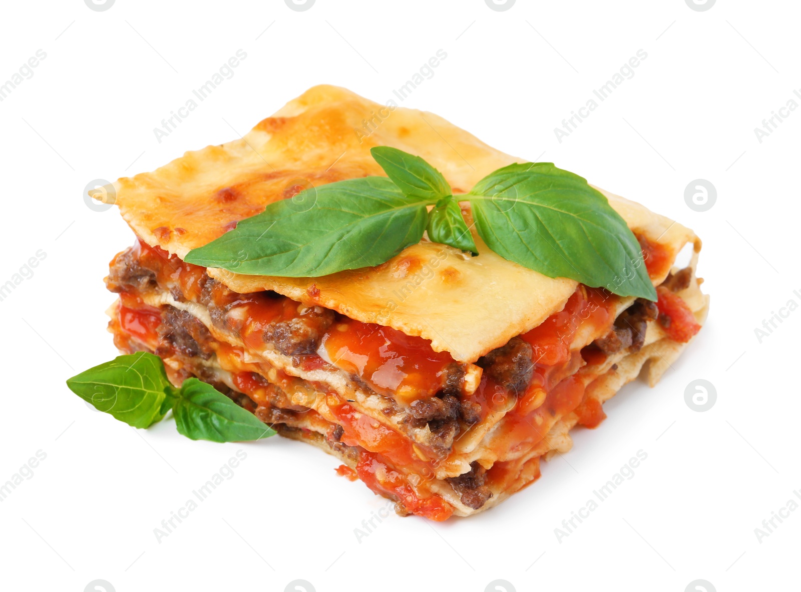 Photo of Delicious cooked lasagna with basil isolated on white