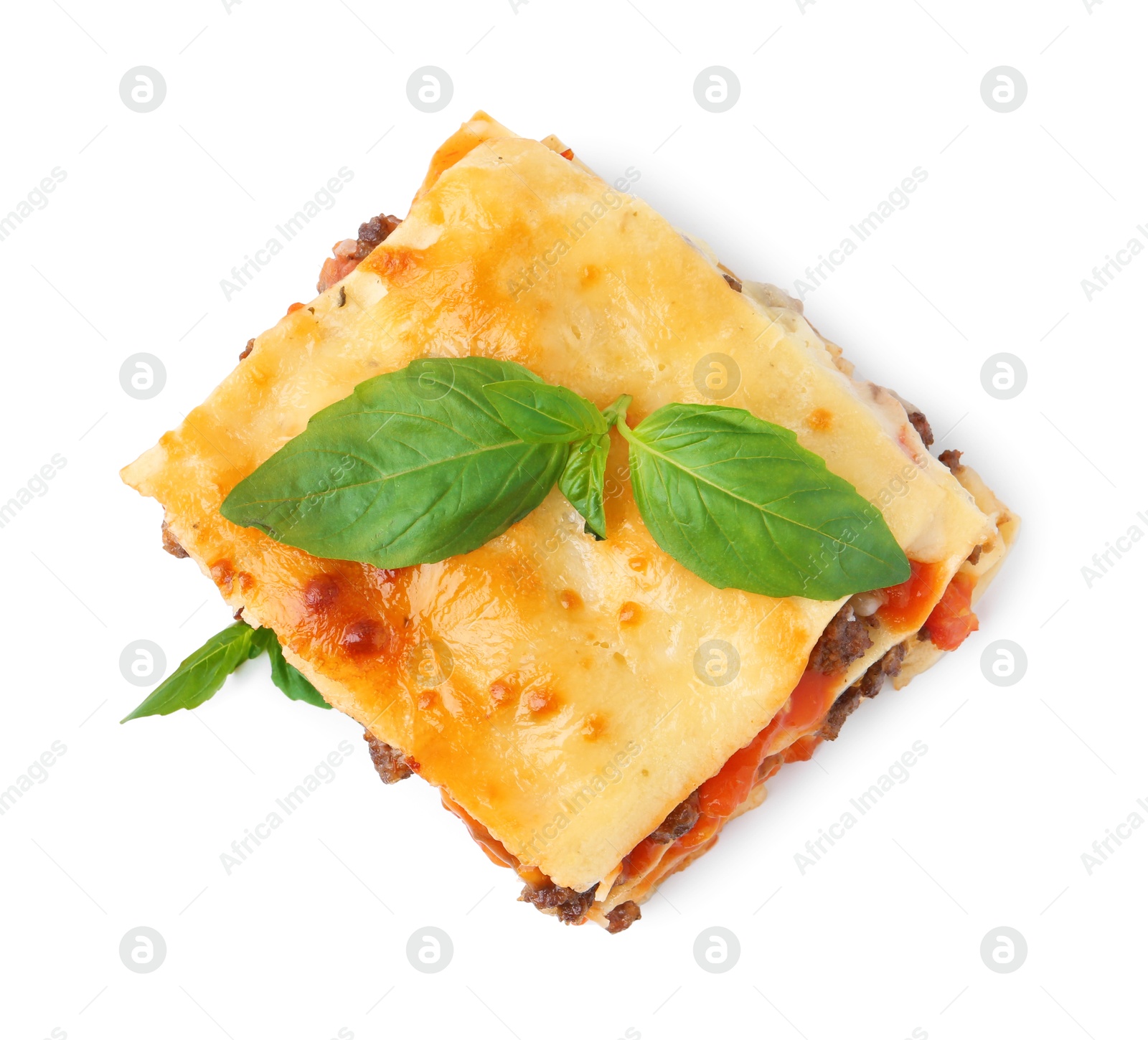 Photo of Delicious cooked lasagna with basil isolated on white, top view