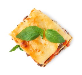 Photo of Delicious cooked lasagna with basil isolated on white, top view