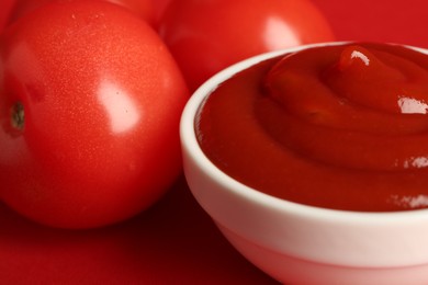 Photo of Ketchup in bowl and fresh tomatoes on red background, closeup