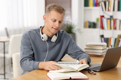 Photo of Student preparing for exam at table indoors