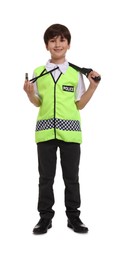 Boy pretending to be policeman on white background. Dreaming of future profession