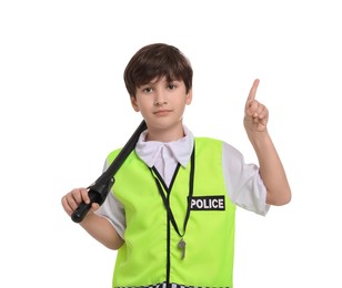 Photo of Boy pretending to be policeman on white background. Dreaming of future profession