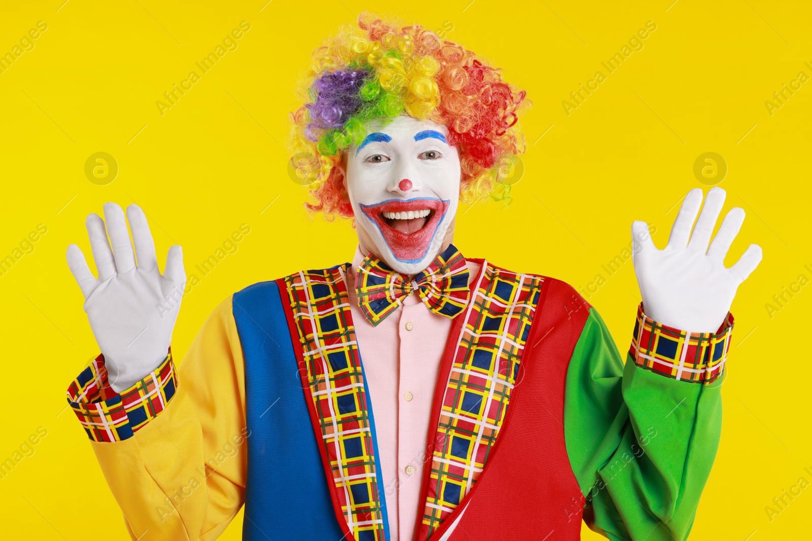 Photo of Portrait of happy clown on yellow background