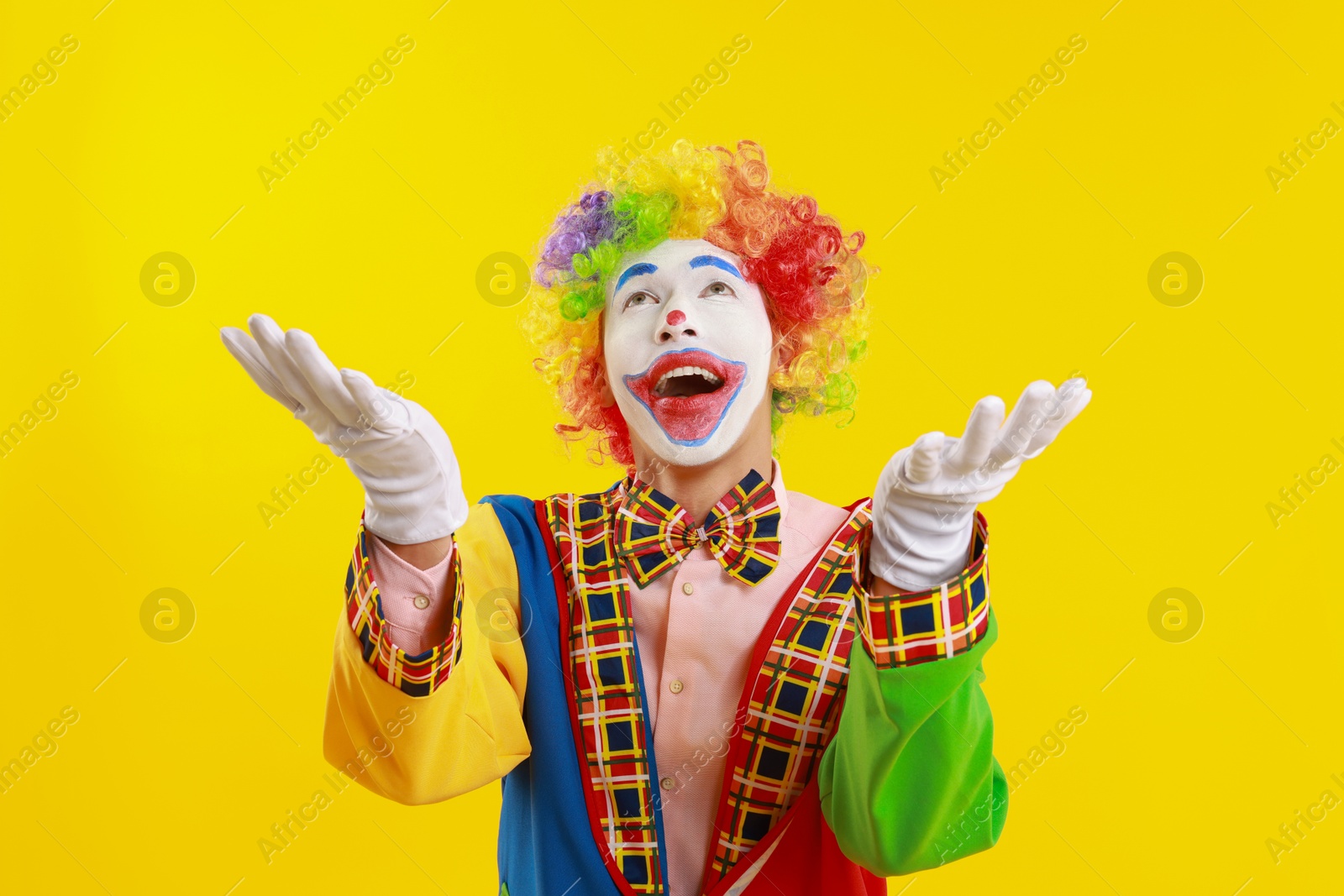 Photo of Portrait of happy clown on yellow background