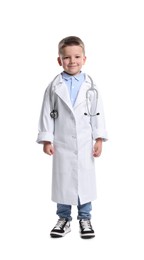 Photo of Little boy with stethoscope pretending to be doctor on white background. Dreaming of future profession