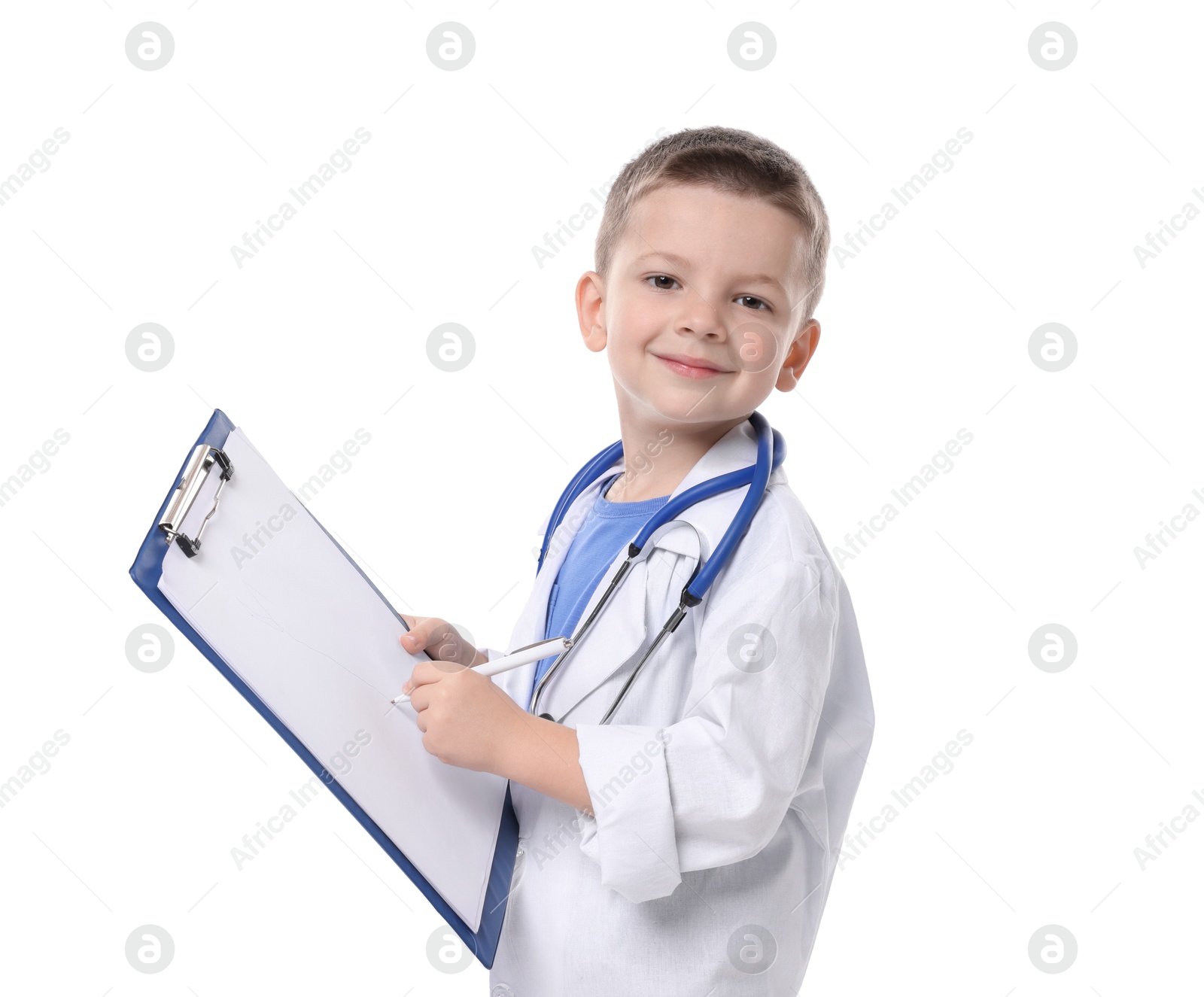 Photo of Little boy with stethoscope and clipboard pretending to be doctor on white background. Dreaming of future profession