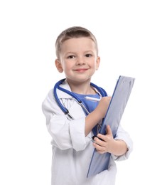 Little boy with stethoscope and clipboard pretending to be doctor on white background. Dreaming of future profession