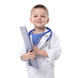 Little boy with stethoscope and clipboard pretending to be doctor on white background. Dreaming of future profession