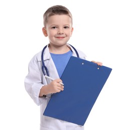 Photo of Little boy with stethoscope and clipboard pretending to be doctor on white background. Dreaming of future profession