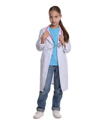 Photo of Girl with stethoscope pretending to be doctor on white background. Dreaming of future profession