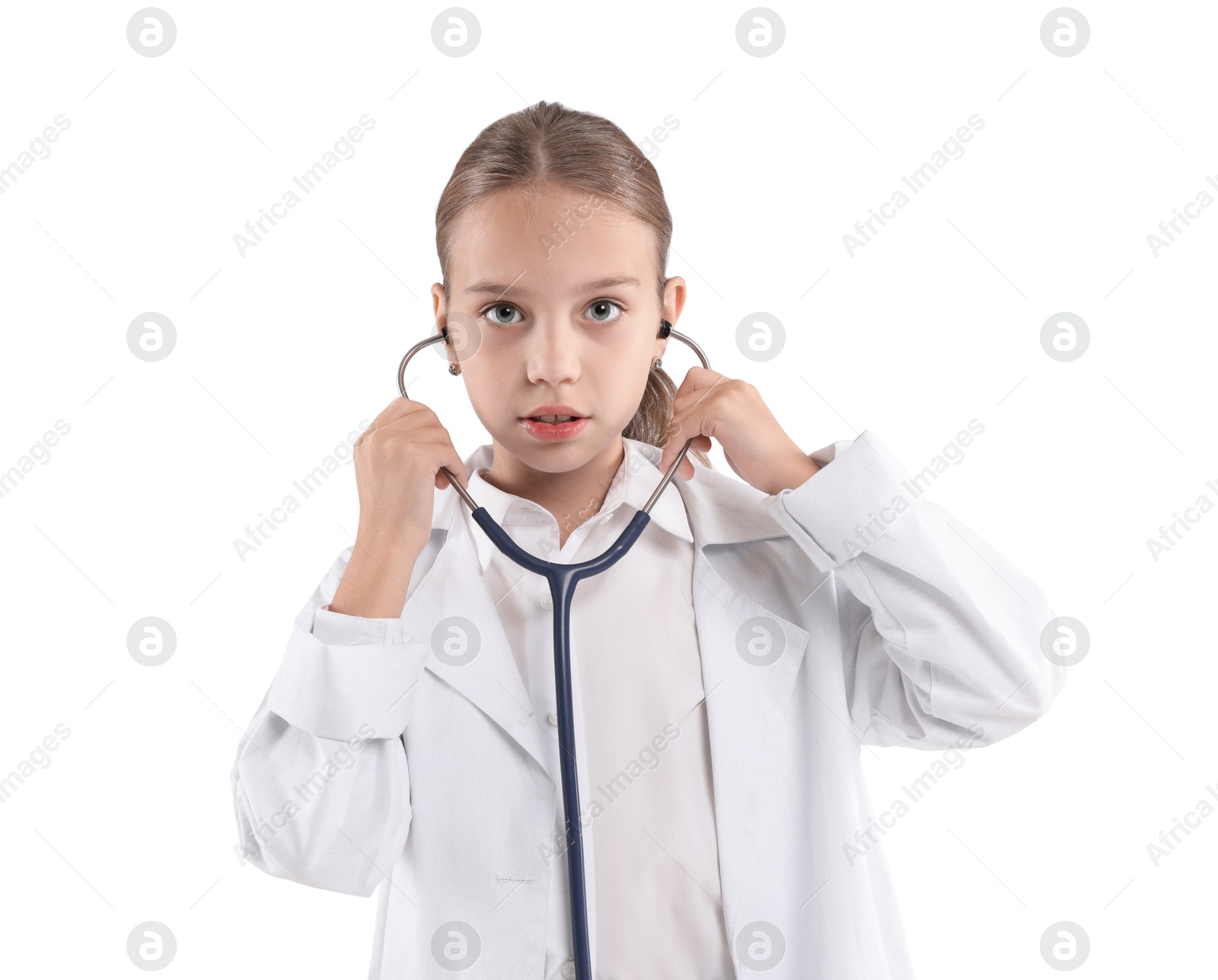 Photo of Girl with stethoscope pretending to be doctor on white background. Dreaming of future profession