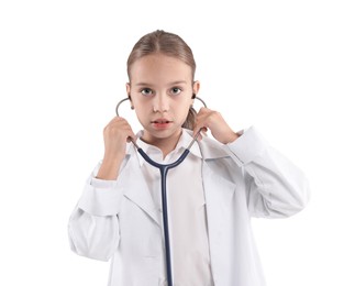 Photo of Girl with stethoscope pretending to be doctor on white background. Dreaming of future profession