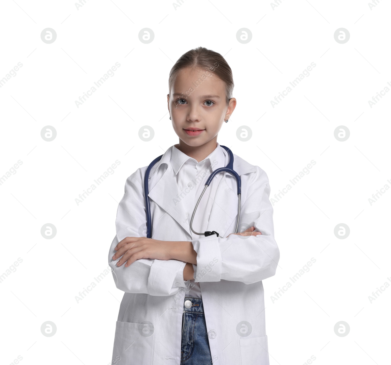 Photo of Girl with stethoscope pretending to be doctor on white background. Dreaming of future profession