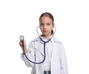 Photo of Girl with stethoscope pretending to be doctor on white background. Dreaming of future profession