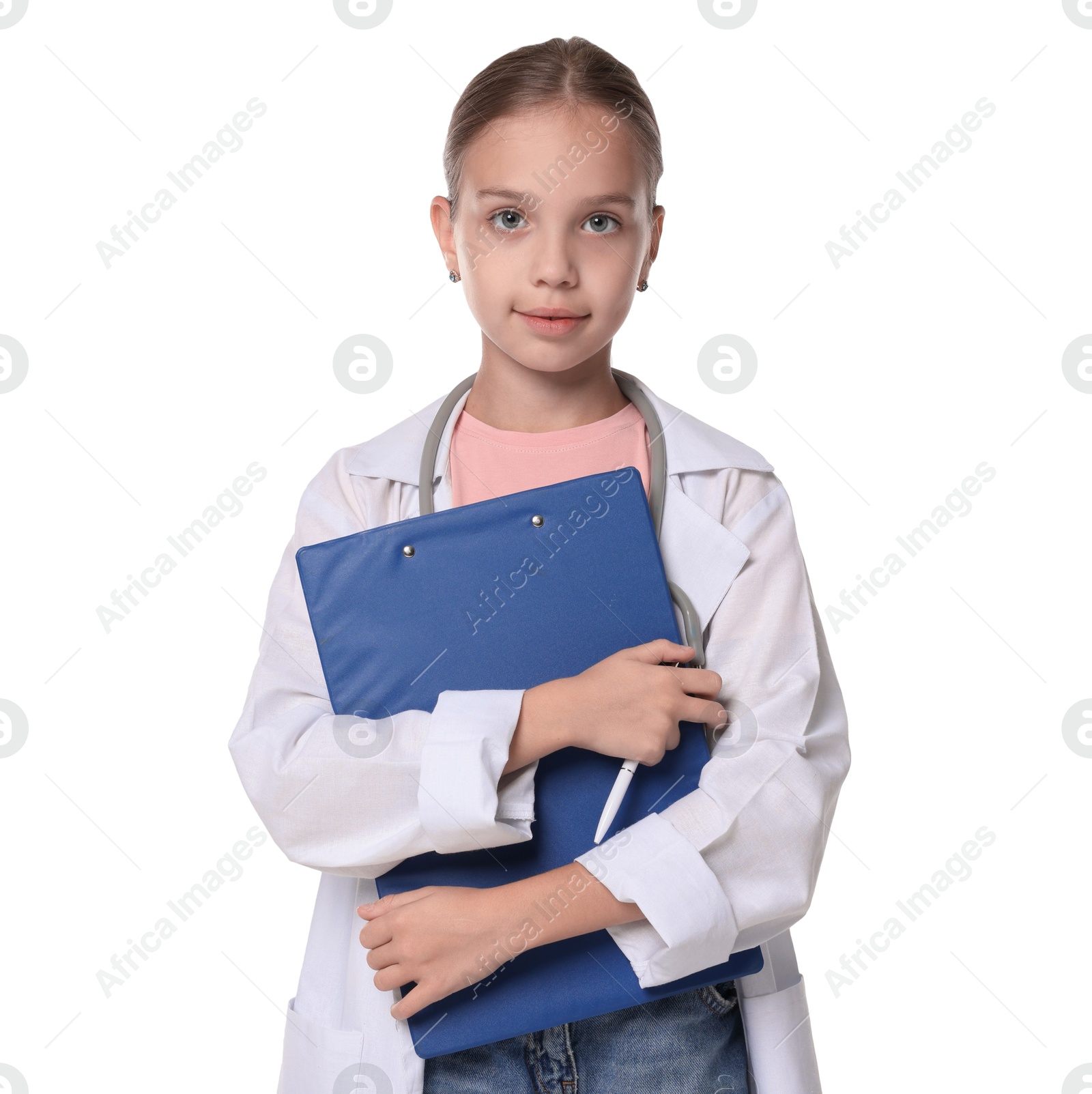 Photo of Girl with stethoscope and clipboard pretending to be doctor on white background. Dreaming of future profession