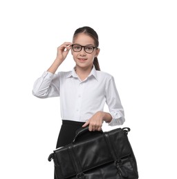 Photo of Girl with glasses and bag pretending to be accountant on white background. Dreaming of future profession