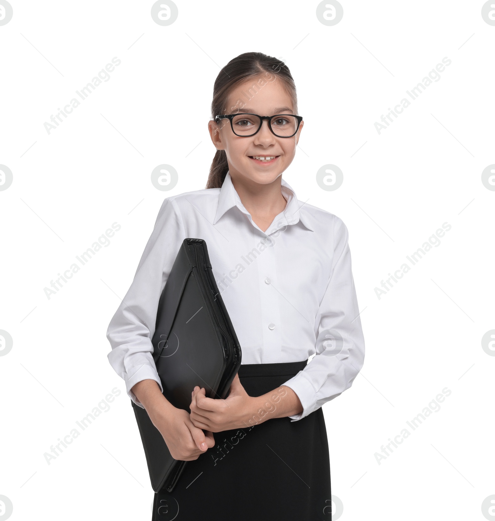 Photo of Girl with glasses and bag pretending to be accountant on white background. Dreaming of future profession