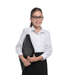 Photo of Girl with glasses and bag pretending to be accountant on white background. Dreaming of future profession