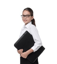 Photo of Girl with glasses and bag pretending to be accountant on white background. Dreaming of future profession