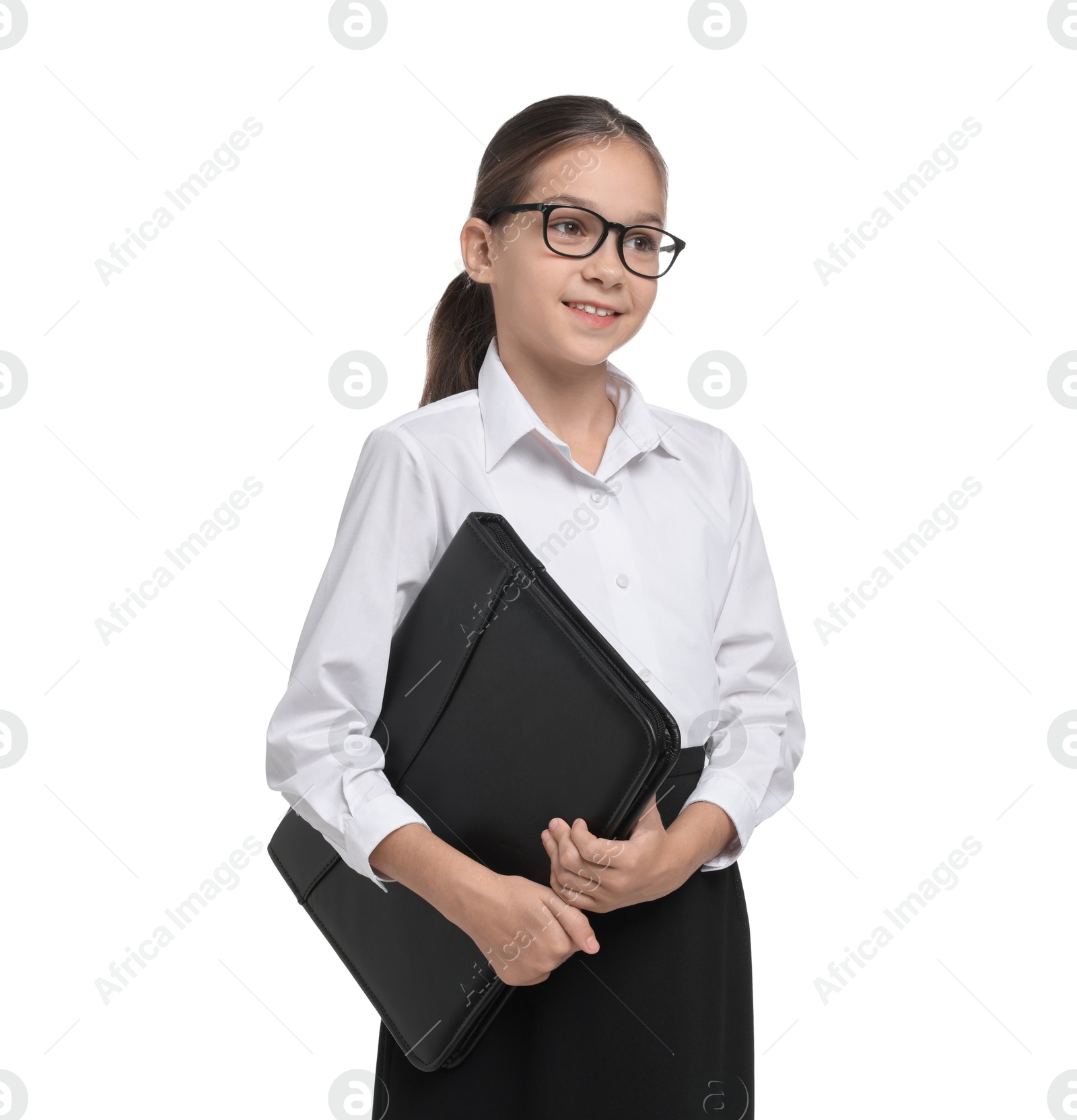 Photo of Girl with glasses and bag pretending to be accountant on white background. Dreaming of future profession