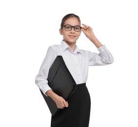 Photo of Girl with glasses and bag pretending to be accountant on white background. Dreaming of future profession