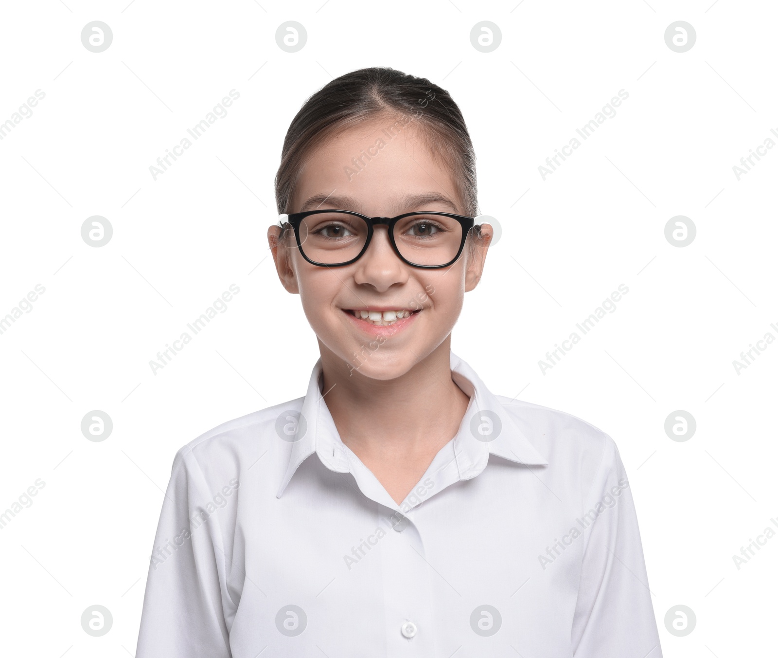 Photo of Girl with glasses pretending to be accountant on white background. Dreaming of future profession