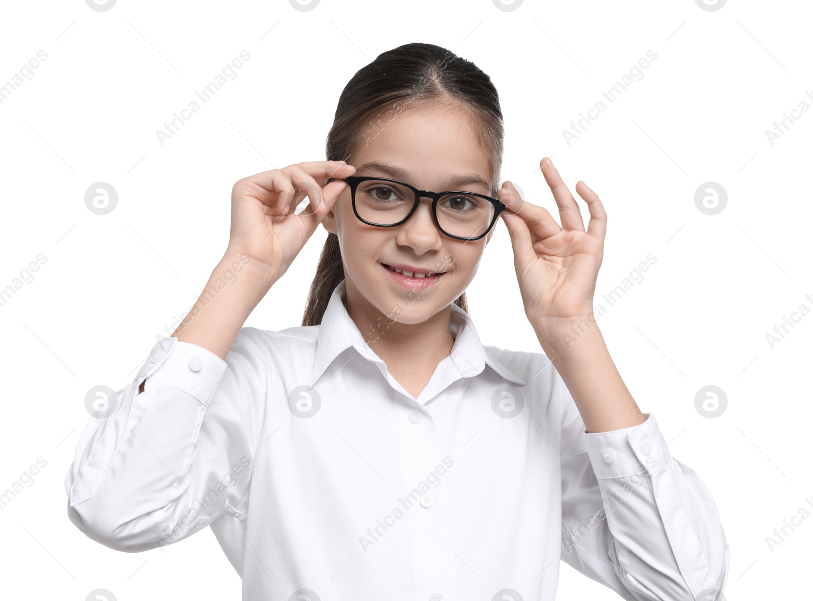 Photo of Girl with glasses pretending to be accountant on white background. Dreaming of future profession