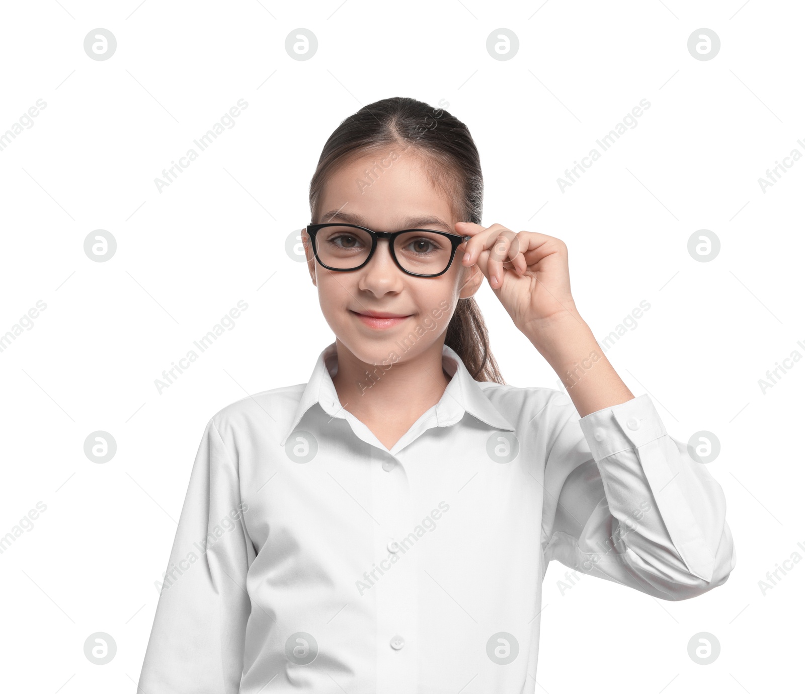 Photo of Girl with glasses pretending to be accountant on white background. Dreaming of future profession