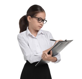 Photo of Girl with glasses and clipboard pretending to be accountant on white background. Dreaming of future profession