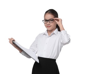 Photo of Girl with glasses and clipboard pretending to be accountant on white background. Dreaming of future profession