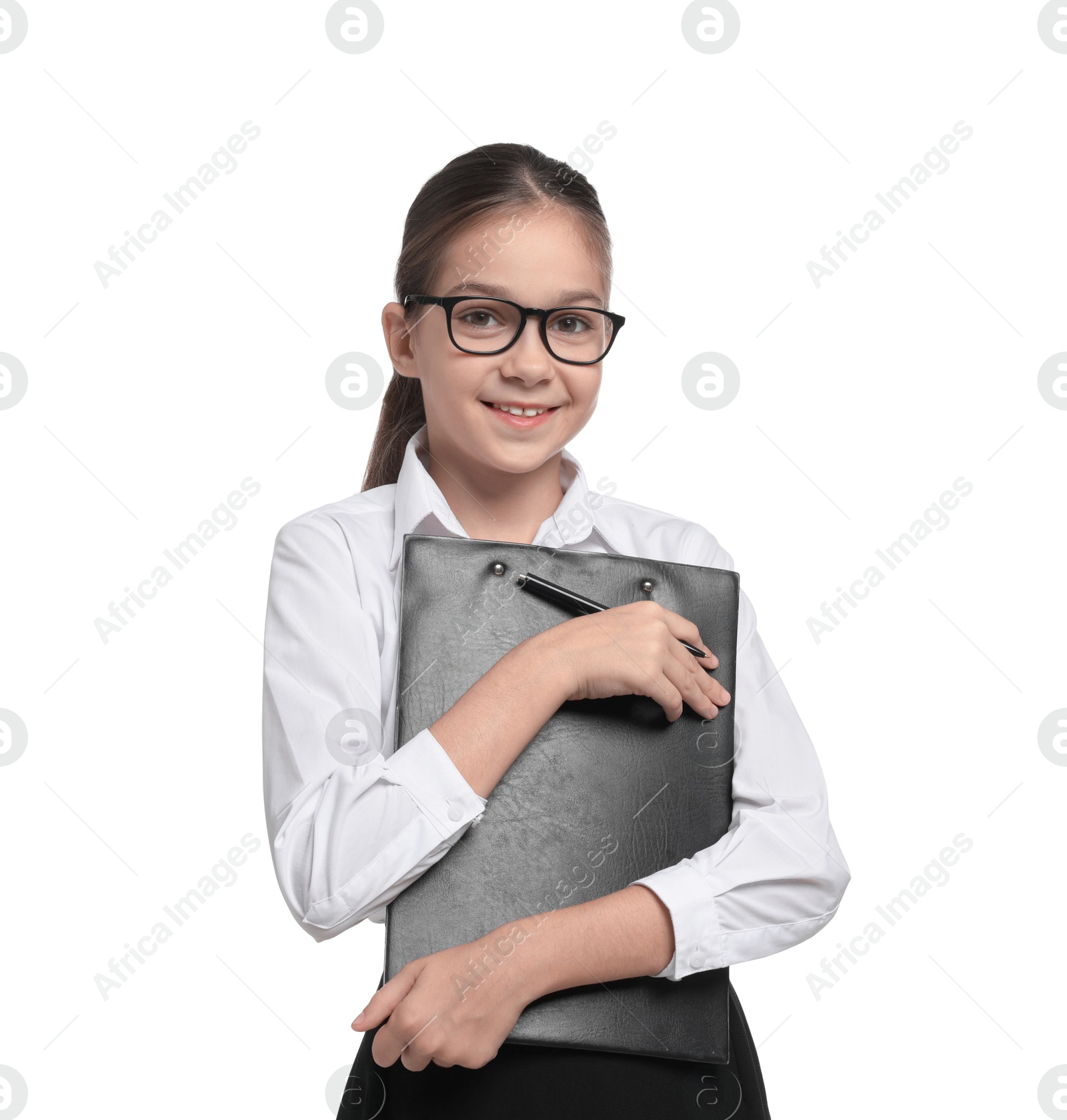 Photo of Girl with glasses and clipboard pretending to be accountant on white background. Dreaming of future profession