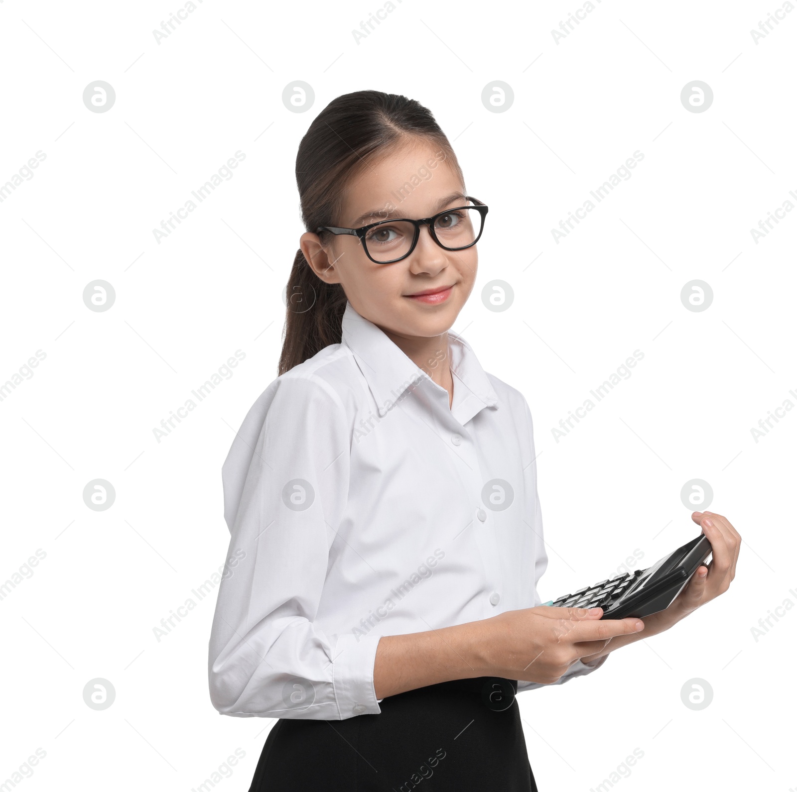 Photo of Girl with glasses and calculator pretending to be accountant on white background. Dreaming of future profession