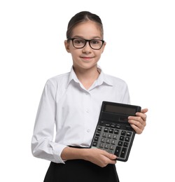 Photo of Girl with glasses and calculator pretending to be accountant on white background. Dreaming of future profession