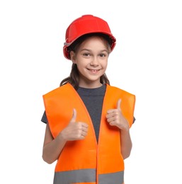 Photo of Girl with hardhat and vest pretending to be firefighter on white background. Dreaming of future profession