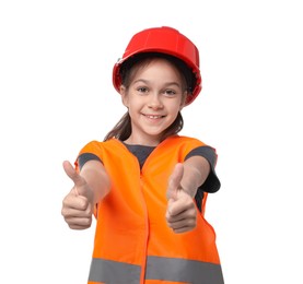 Photo of Girl with hardhat and vest pretending to be firefighter on white background. Dreaming of future profession