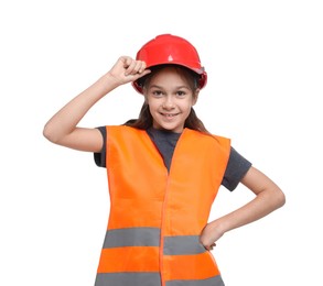 Photo of Girl with hardhat and vest pretending to be firefighter on white background. Dreaming of future profession