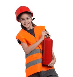 Photo of Girl with hardhat, fire extinguisher and vest pretending to be firefighter on white background. Dreaming of future profession