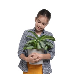 Girl with potted plant pretending to be gardener on white background. Dreaming of future profession