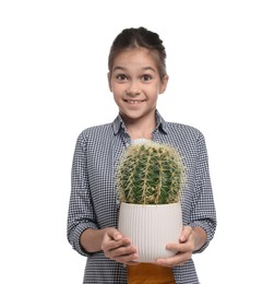 Photo of Girl with potted cactus pretending to be gardener on white background. Dreaming of future profession