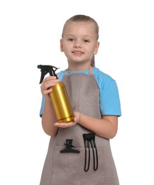 Photo of Little girl with sprayer pretending to be hairdresser on white background. Dreaming of future profession