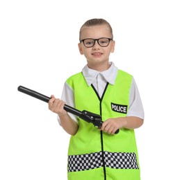 Photo of Little girl with baton pretending to be policewoman on white background. Dreaming of future profession