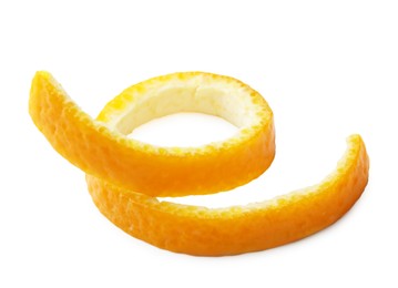 Photo of Twirl of orange peel isolated on white