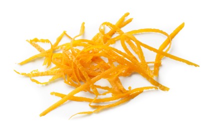 Photo of Pile of fresh orange zest isolated on white