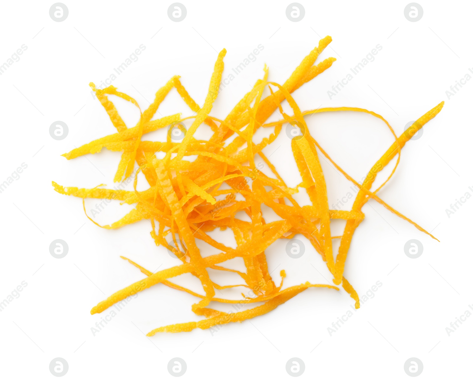 Photo of Fresh orange zest isolated on white, top view